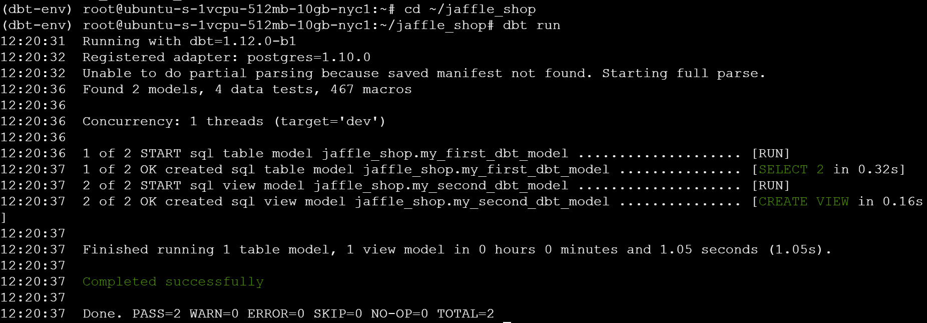 Terminal showing dbt run output image