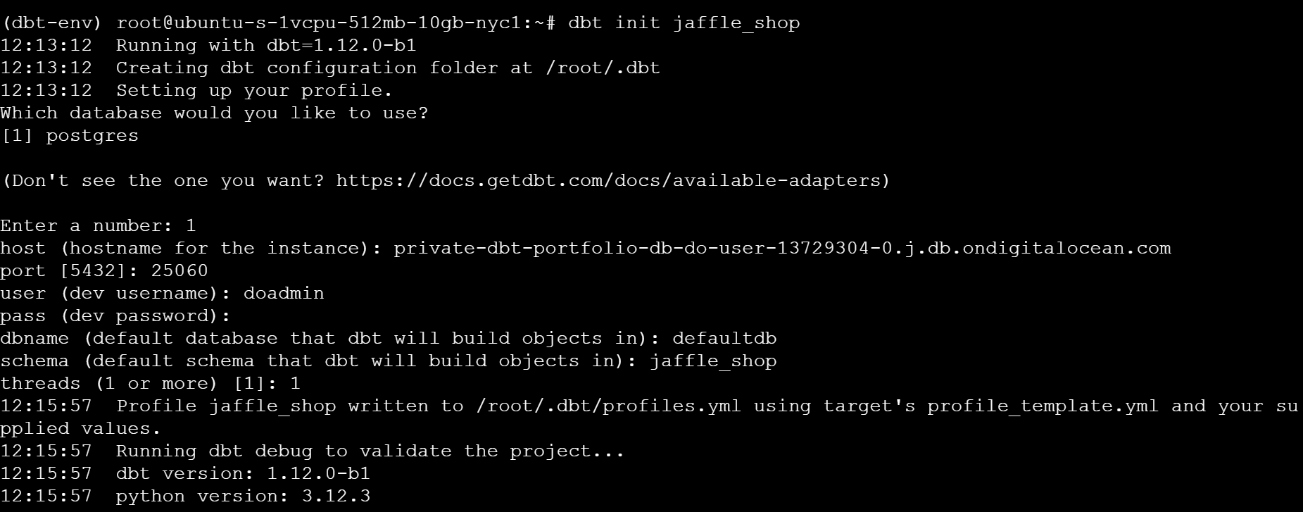 Terminal showing dbt init jaffle_shop with all configuration inputs image