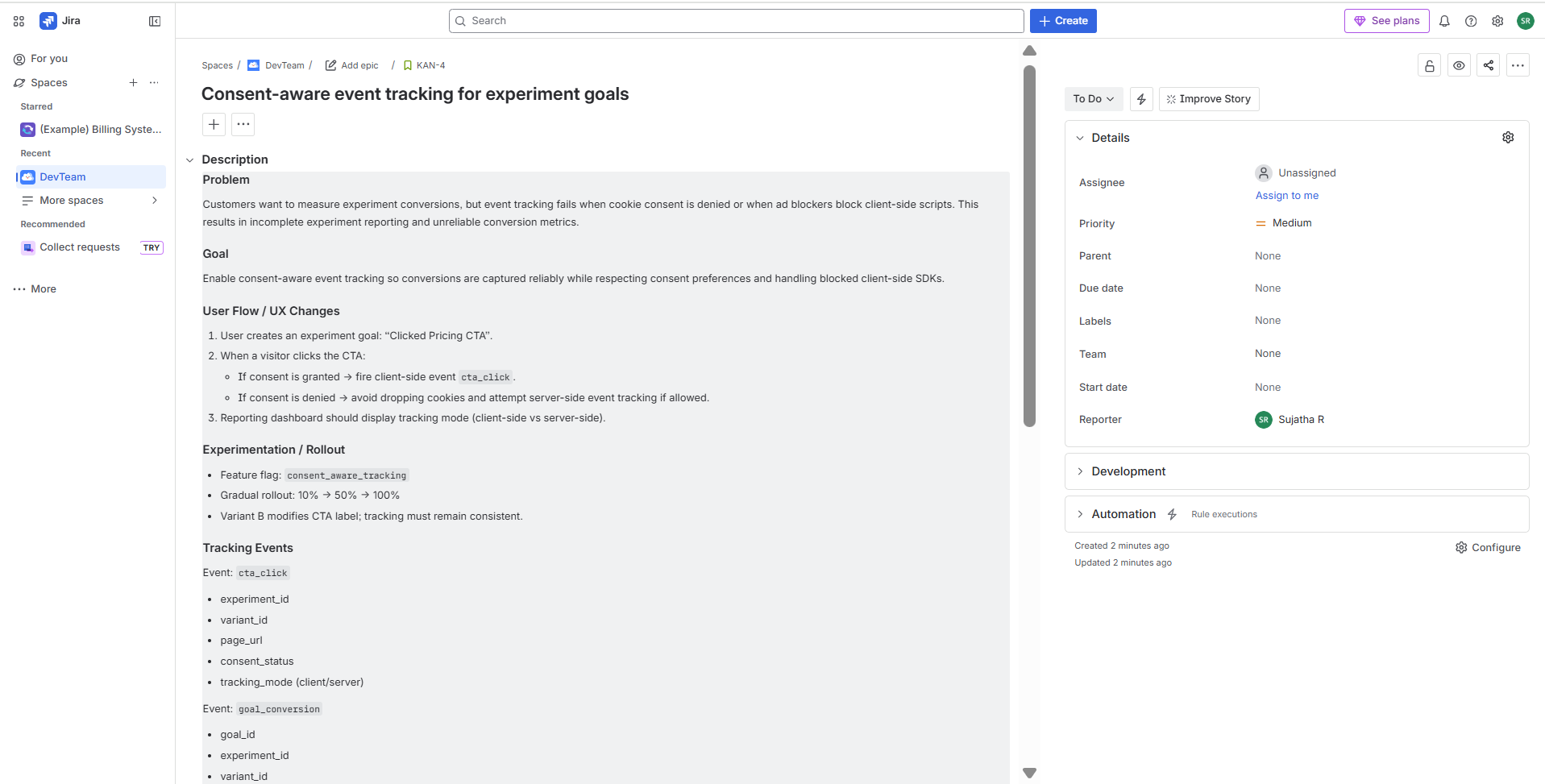 Structured Jira ticket used as input