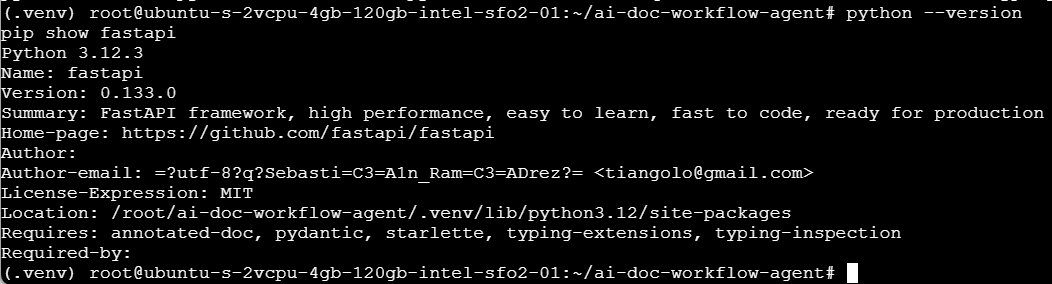 Python virtual environment activated with FastAPI installed