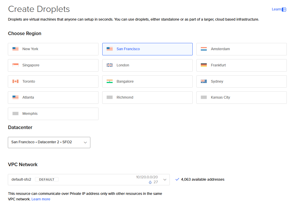 DigitalOcean droplet creation page